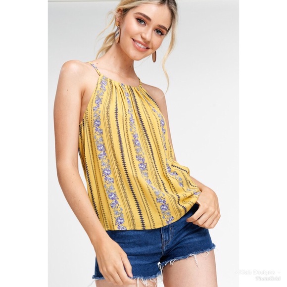 ❤️LAST 1! Canary Yellow Printed Tie Back Halter! - Picture 3 of 5